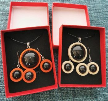 Orange or beige wood Shungite ring, earrings and pendant set.